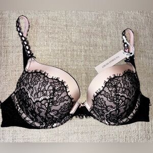 Victoria’s Secret 34C Black Lace Push Up Bra NWT Nude Underlay Romantic Glam